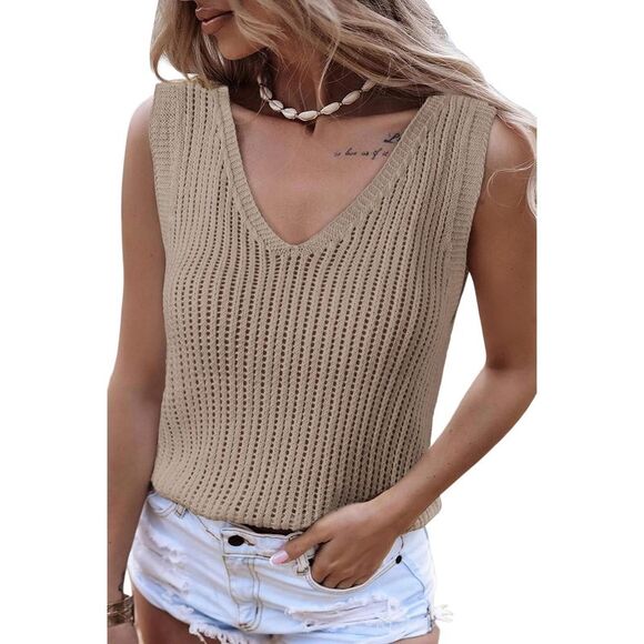 Azura Exchange  Hollowed Knit V Neck Tank Top - Picture 6 of 8